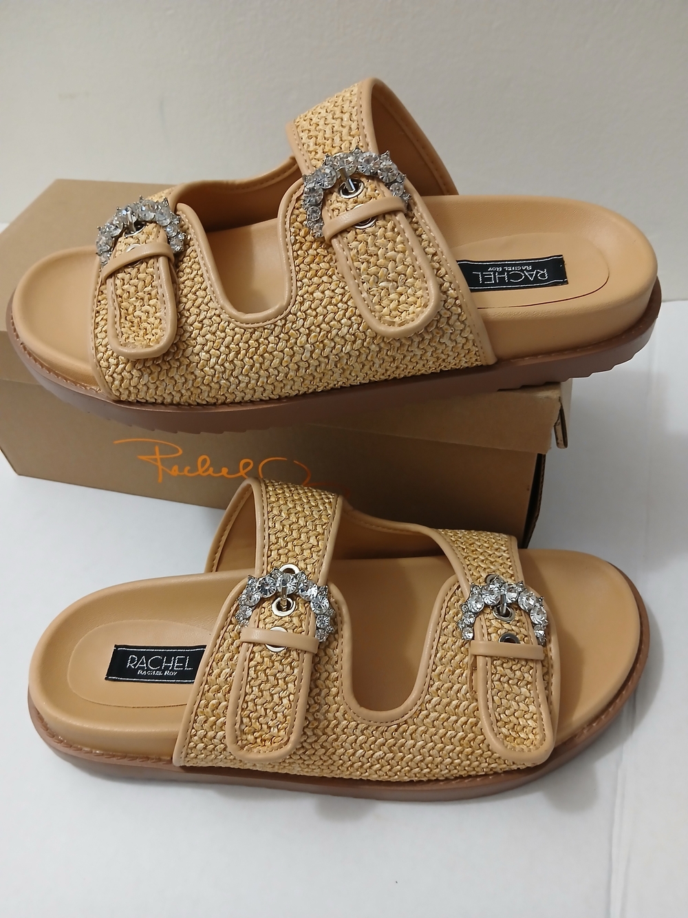 Rachel Roy  Tan Woven Slide Sandals with Crystal Buckles Multiples Sizes New $25 - Picture 9 of 10